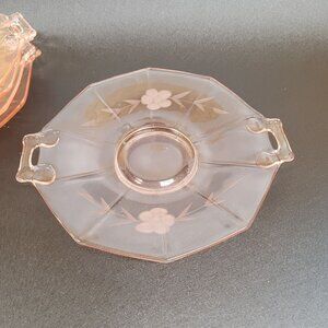 Pink Depression Lancaster Glass Saucer Plate 7'' Open Handle Set 5 1930s Vintage